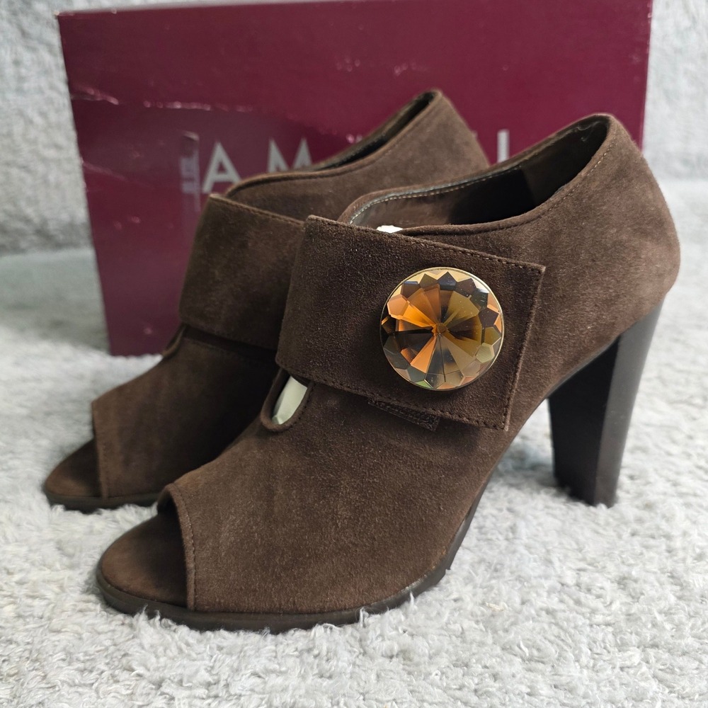 Amalfi Rangoni Women's Brown Italian Suede‎ Peep Toe Heels Booties 5.5M NEW
